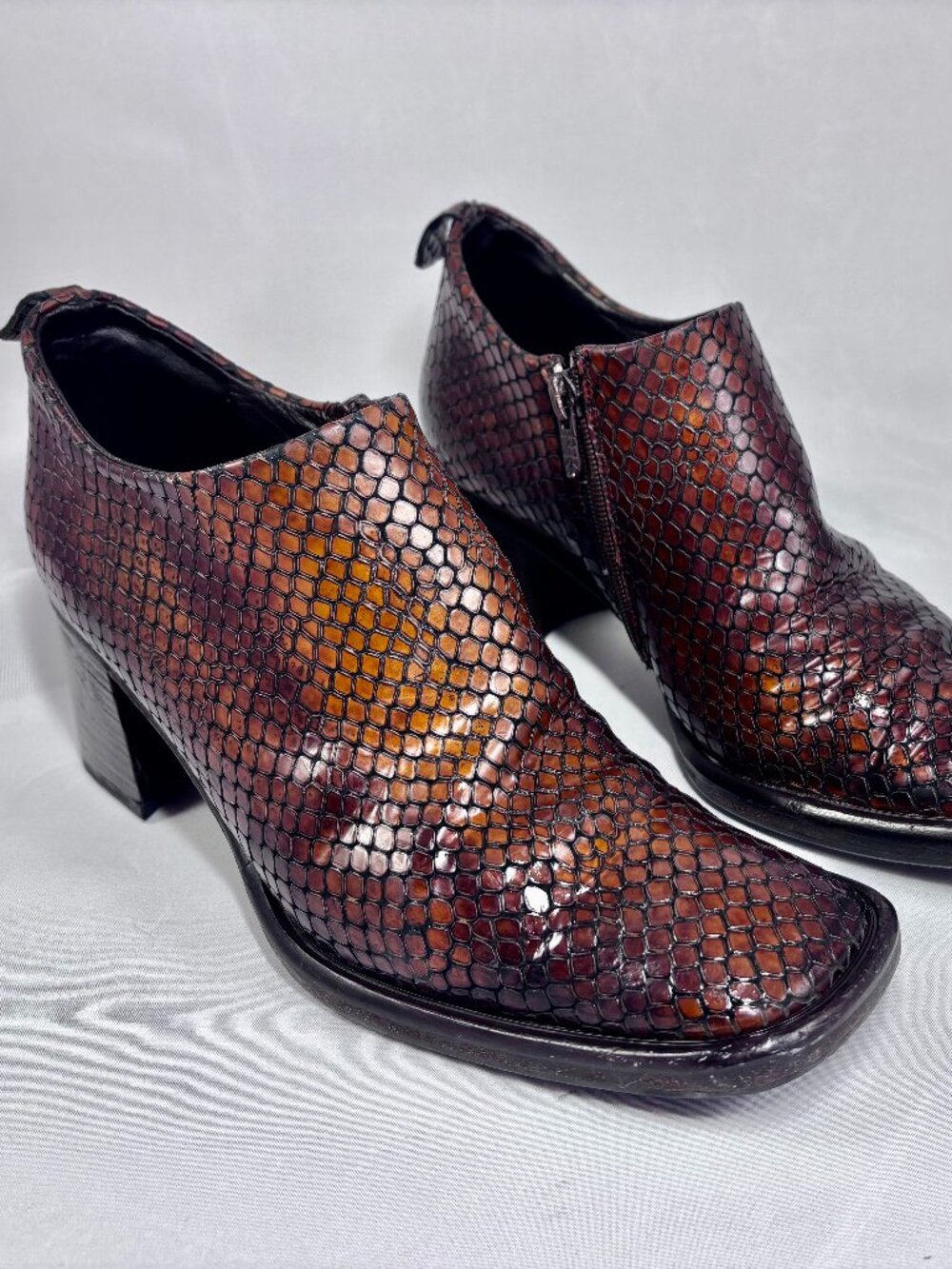 Vintage Italian Leather Snakeskin Ankle Boots Square Toe